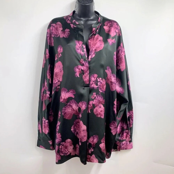 Vince Women's Begonia Satin Floral Pullover Long‎ Sleeve Blouse Size 1X NWT $445 - Picture 1 of 14